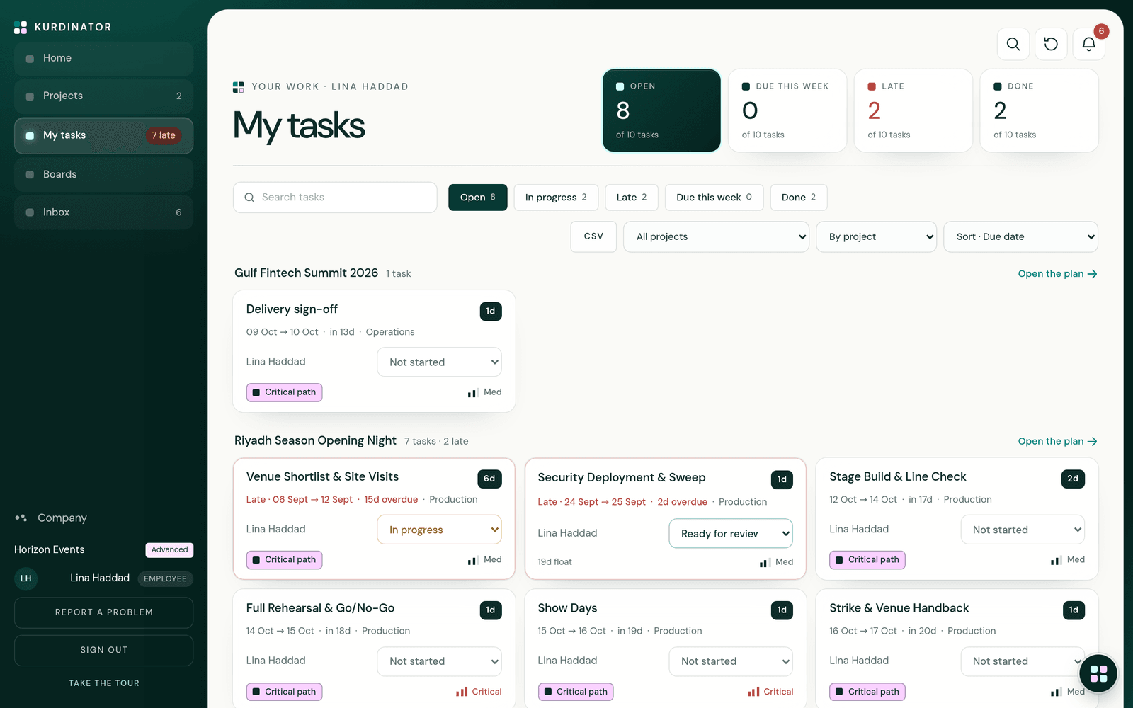 My tasks for one team member